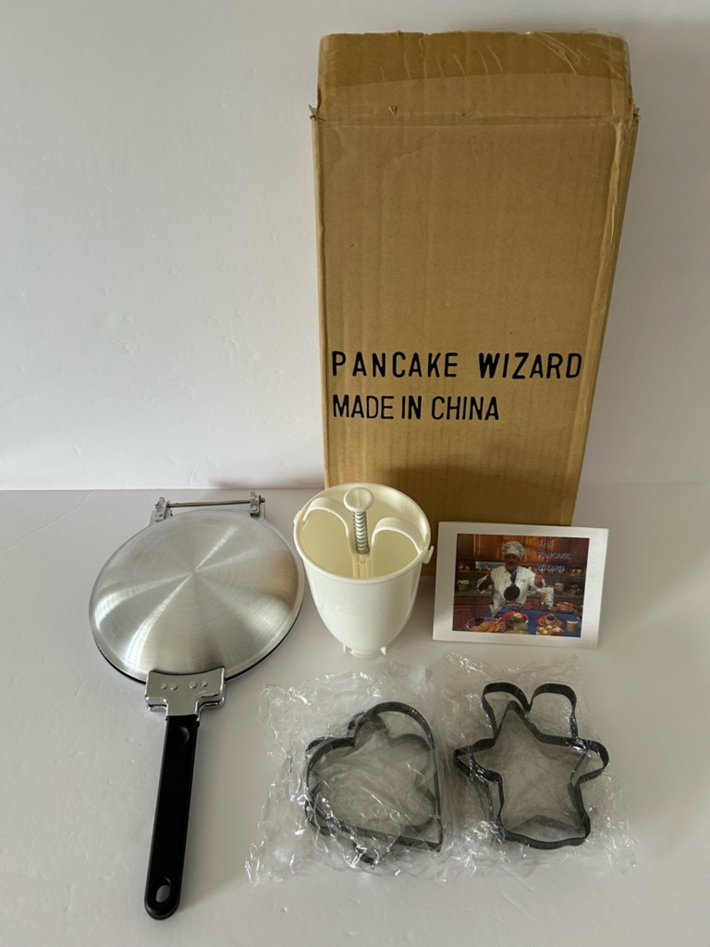 Vintage “Pancake Wizard” Set includes: Pan, Batter Dispenser, and 4 Metal Shapes